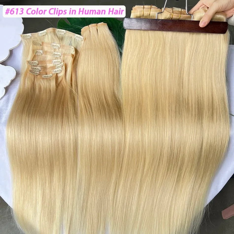 Straight #613 Blonde Color PU Weft Seamless Clips in Human Hair Extensions Invisible 100grams 7Pcs/Set Full Head Virgin Hair