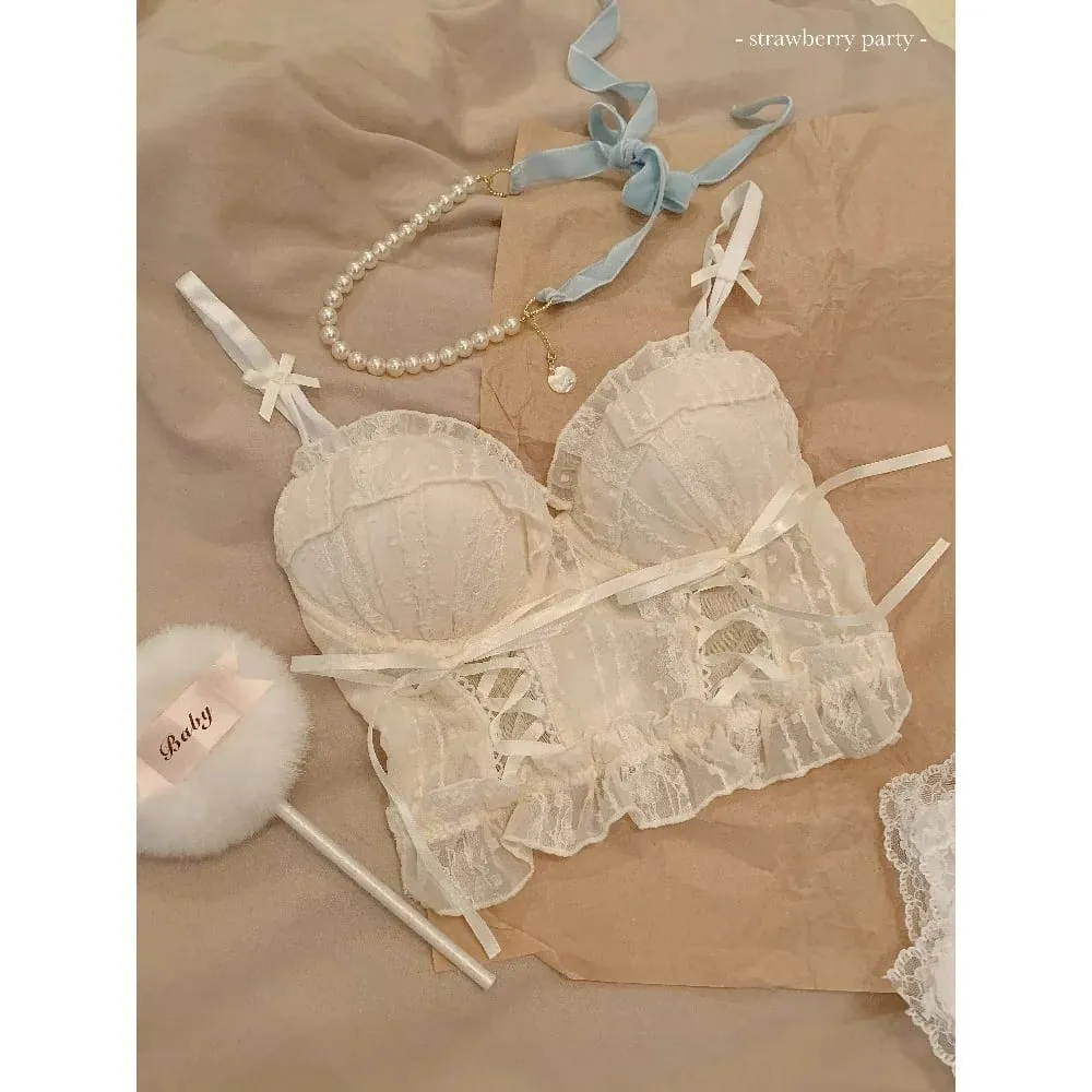 Womens Japanese Style Lolita Lace Tie‑Up Wireless Bra Anti Sagging Push Up Shaping Sweet Cute Lingerie 32‑38 Bra Set — image 3