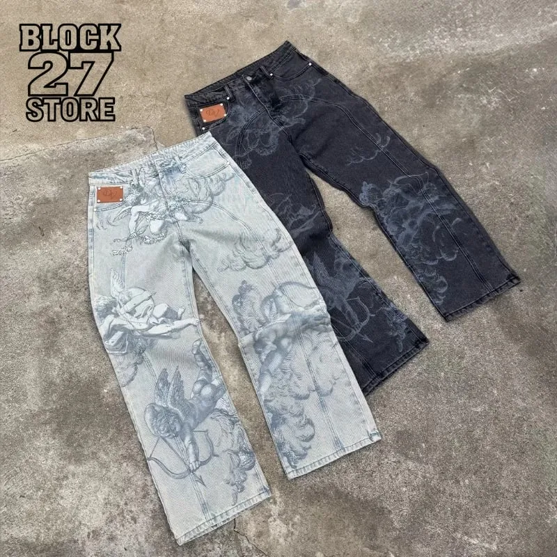 Mens Jeans Harajuku Y2K Angel Baggy Denim Pants Retro High Street Arrow Print Loose Straight Fit American Hip Hop Streetwear New
