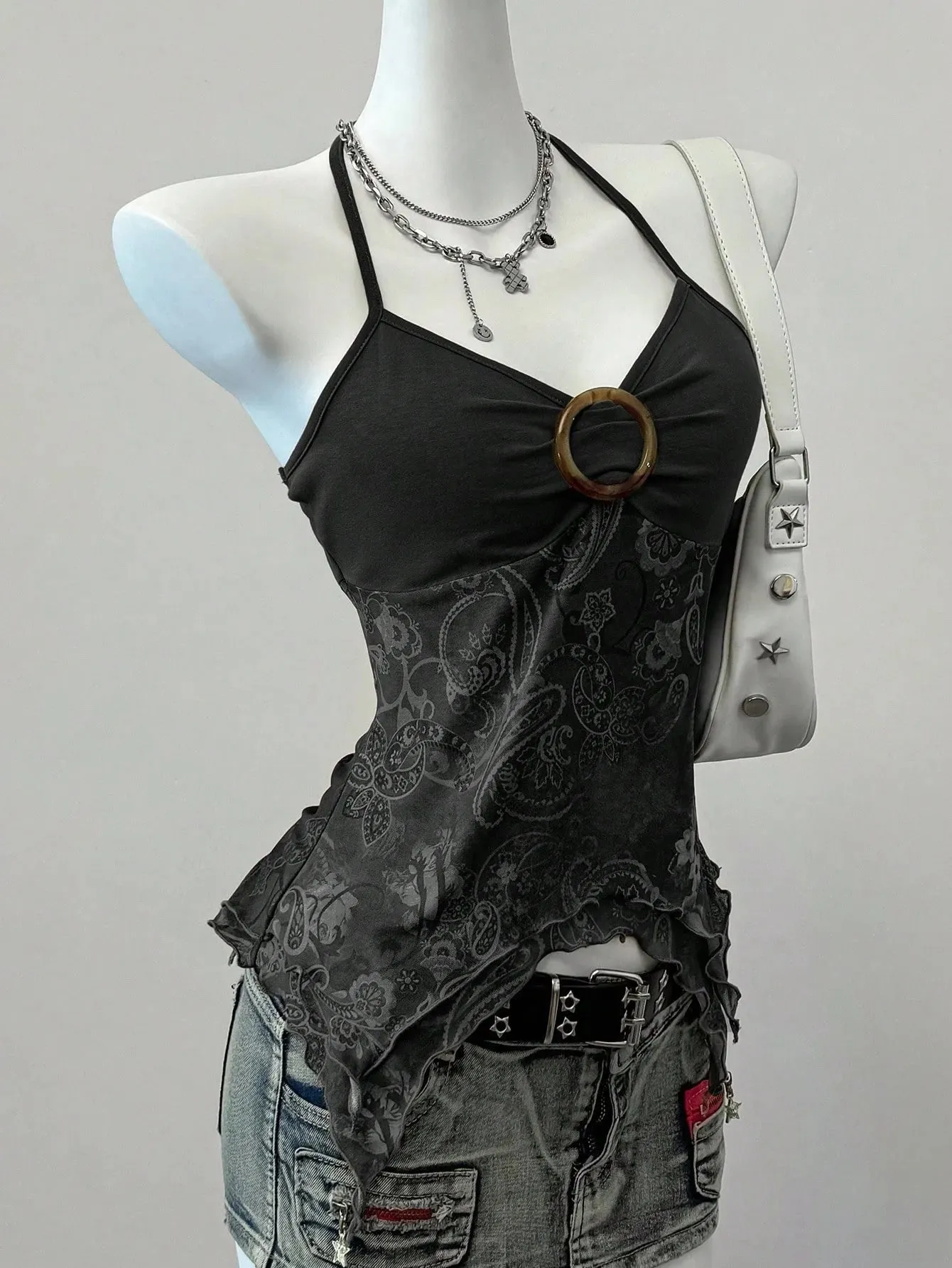 Sexy Spicy Girl Sleeveless Halter Tops Women's Printed Mesh Splice Slim Fit Backless Camisole Summer Fashion Elegant Crop Top