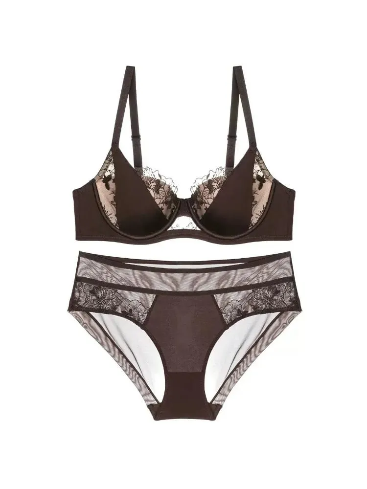 French Style Delicate Lace Lingerie Set Push Up Bra Minimise Bust Supportive Sexy for Large Breasts Full Cup 2 Piece Set