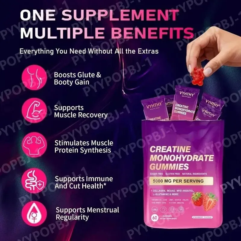 Creatine Monohydrate Gummies with Collagen BCAA and Vitamins Fitness Supplement Strawberry Flavor Daily Workout Support Sugar