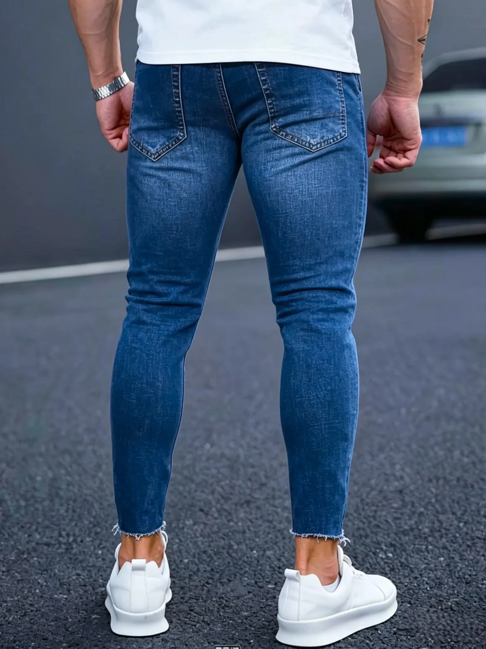 Slim Fit Jeans Men Blue Washed Whisker Ripped Details Jeans Classic Mid Waist Blue Tone All Season Pants Urban Daily Stylish Bot