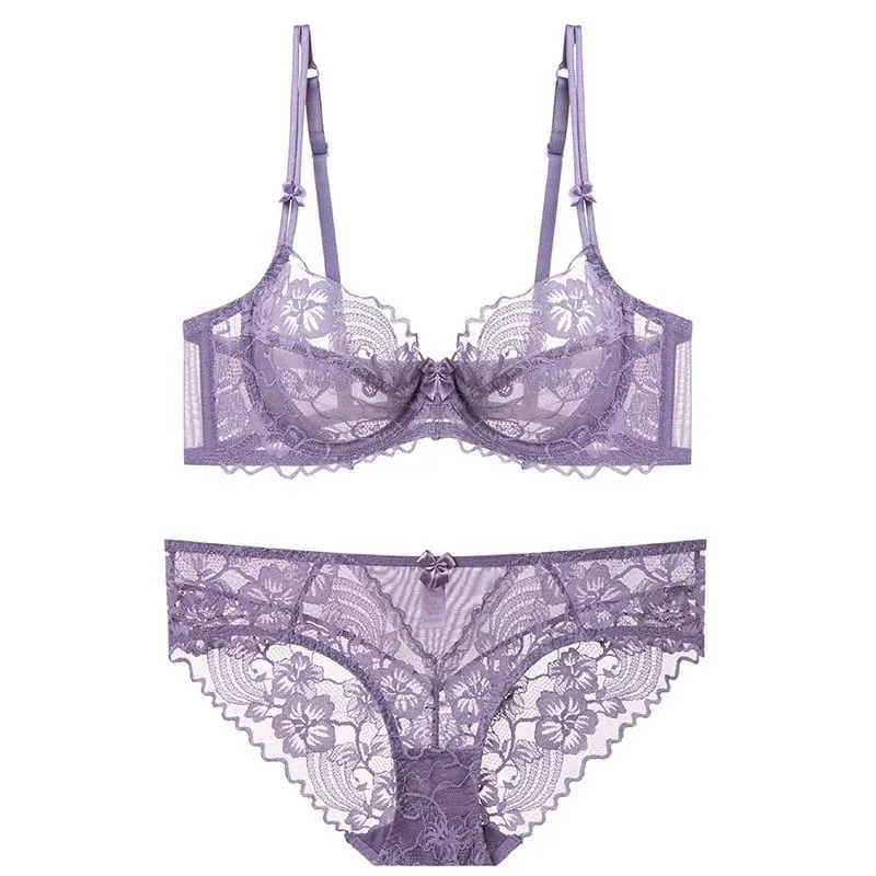 Everyday Lace Lingerie Ultra-thin Breathable Upper Support Anti-sag No Sponge Transparent Bra Set ladies Basic Underwear S-XL