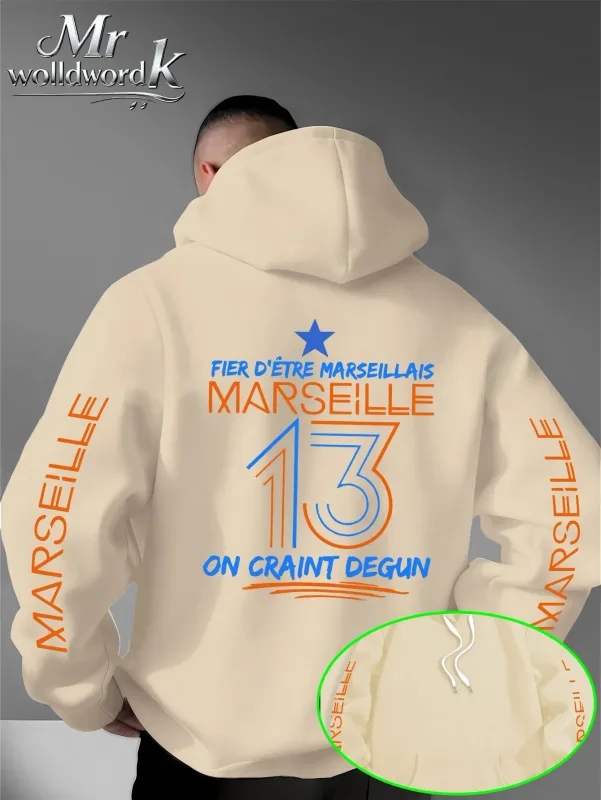 Men Marseille 13 City Graphic Hoodie Multi‑Print Sleeve Back Letter Hooded Sweatshirt Autumn Winter Fleece Loose Hoodie