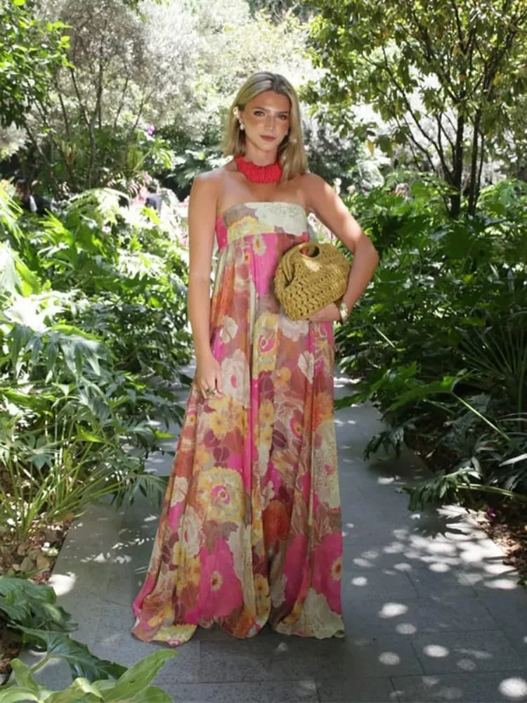 Women Fashion Printed Strapless Maxi Dress Elegant Off Shoulder Backless Sleeveless High Waist Gown Summer New Lady Party Robes