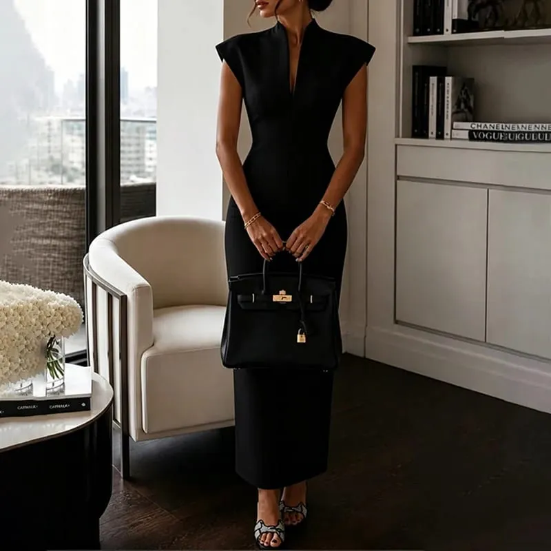 Solid Temperament Dress Women Sleeveless Slim V Neck High Waist Vestidos Elegant Formal Party Outfit Chic 2026 New Arrivals