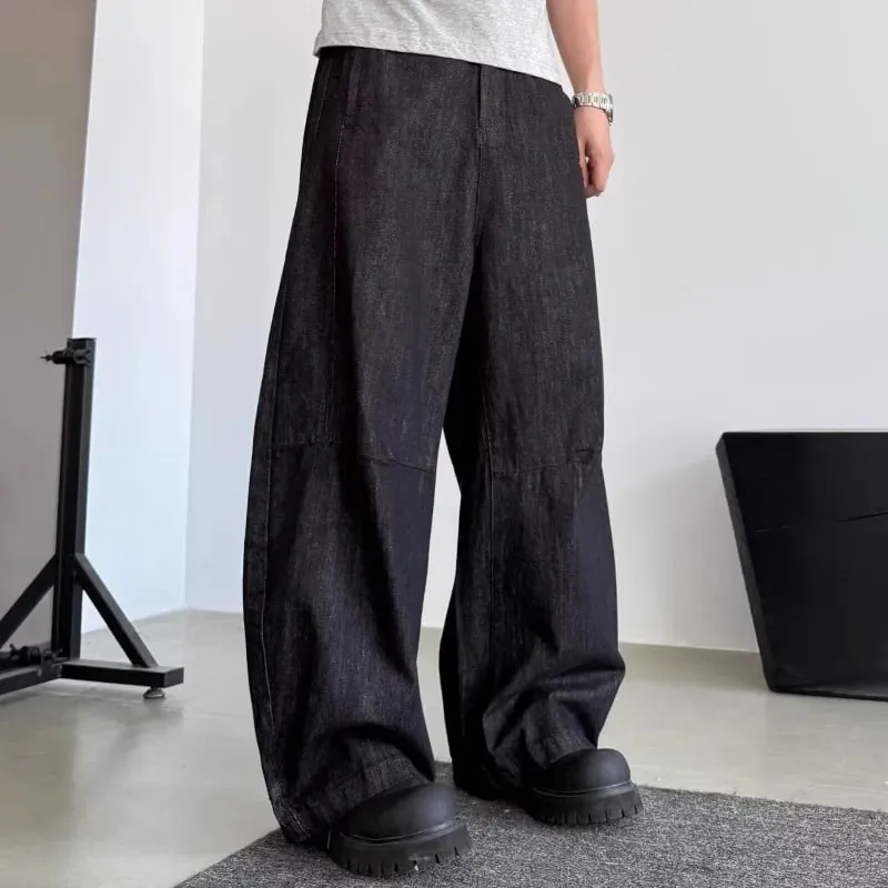 Unisex Curved Blade Baggy Jeans Street Black Raw Denim Oversized Wide Leg Banana Pants Vintage Minimalist Hip Hop Denim Trousers