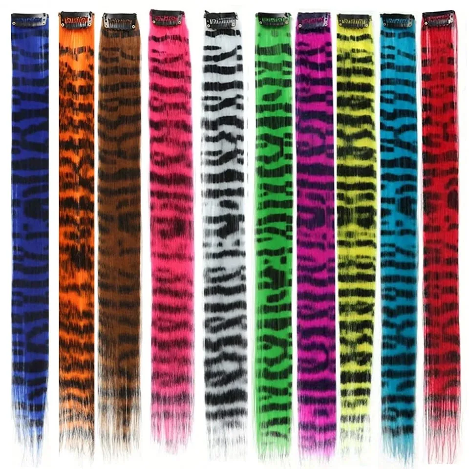 Long Straight Colorful Striped Hairpieces Synthetic Clip in Leopard Print Hair Piece Halloween Party Cosplay Y2K Feather Scene