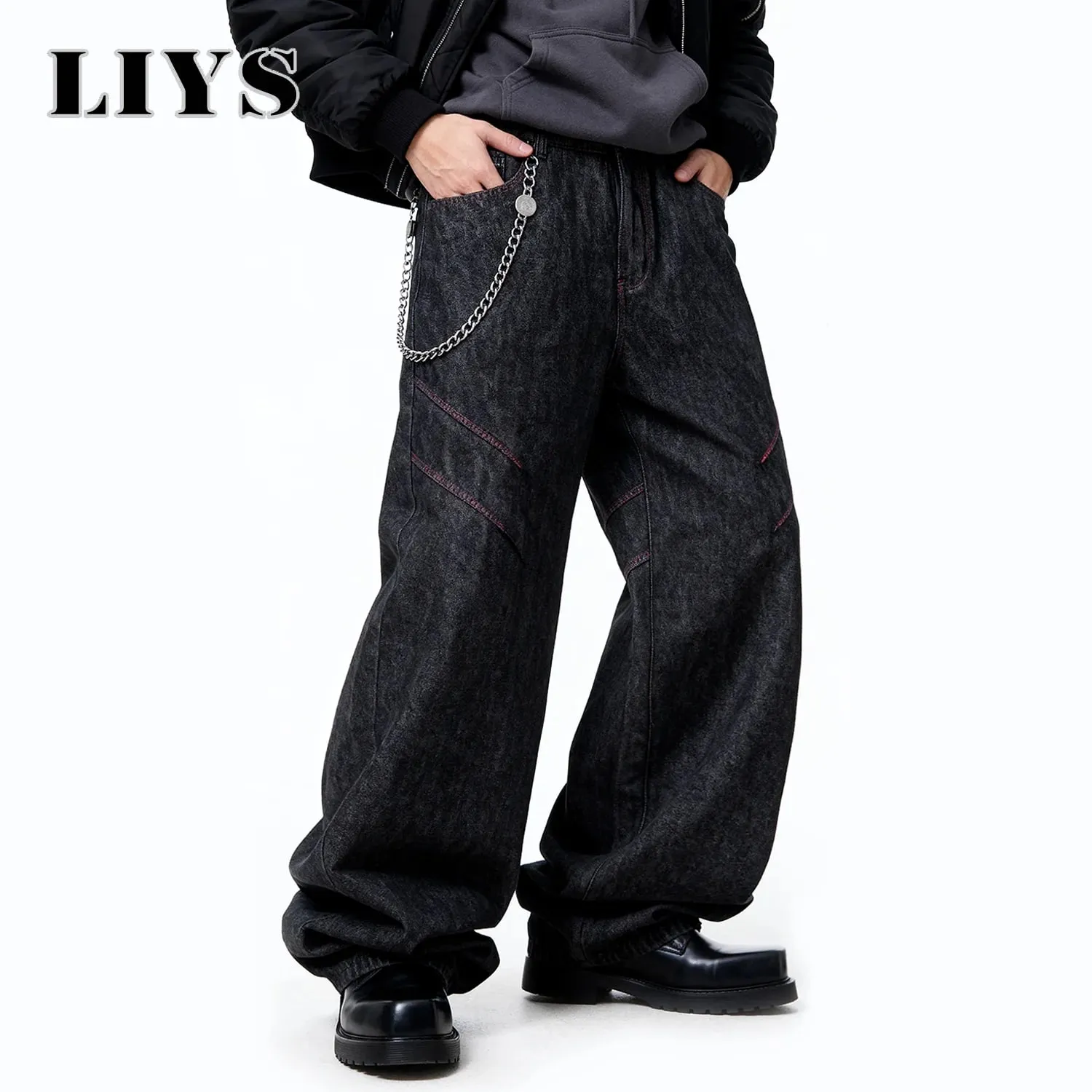 Four Seasons American Retro Men's Black Baggy Wide Leg Jeans Basic Business Casual Loose Denim Pants Unisex Street Jeans