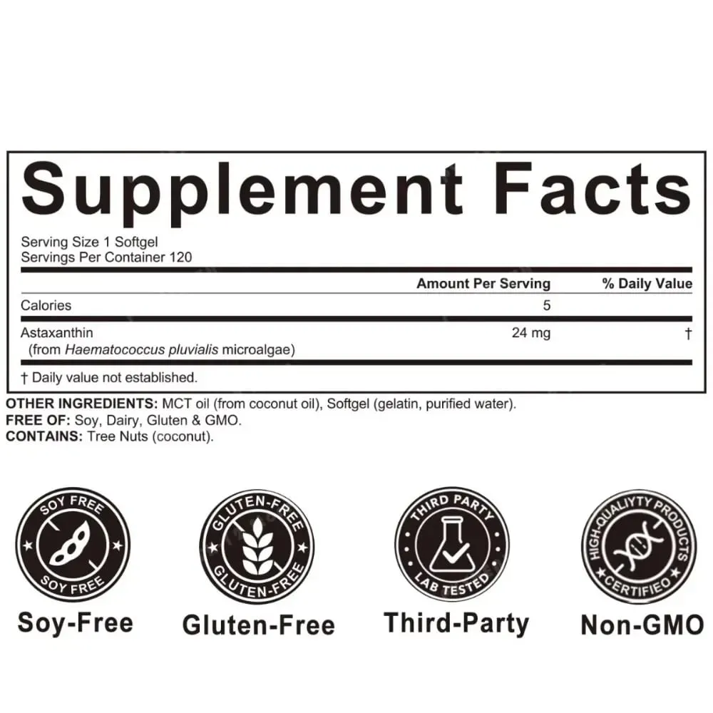 Astaxantina Softgels 24mg Tripla Força Poderoso Antioxidante Suporte à Saúde dos Olhos Microalgas Sem Soja Sem Glúten 120 Contagens