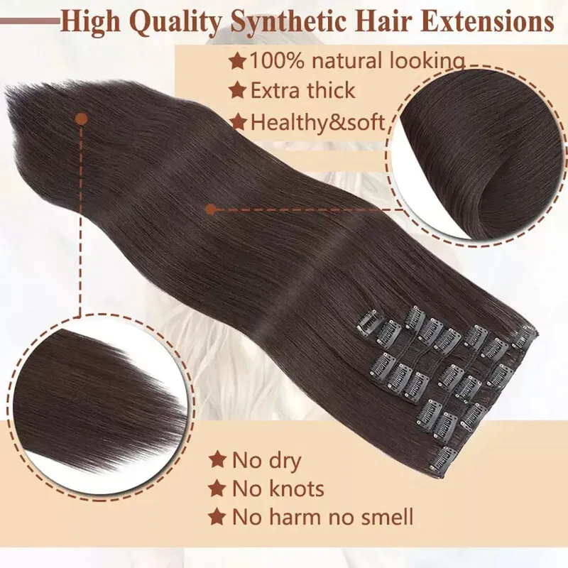 8 pçs/set Longo Reto 24 Polegadas Cabelo Sintético Cabeça Cheia Grampo em Extensões de Cabelo Clipe Em Postiços Para As Mulheres Cor Ombre