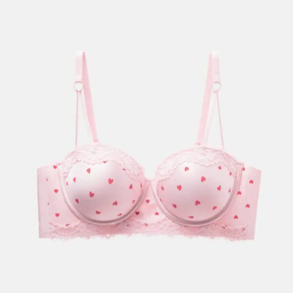 Kawaii Sweet Heart Lace Bra Panty Set Push Up Small Breast Side Collection Anti Sag Comfort Women Underwear Lingerie 32-38 Size