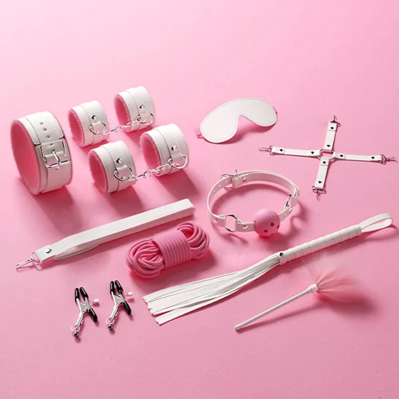Giocattoli del sesso Kit di bondage BDSM Set di ritenuta in vera pelle Manette Collare Gag Vibratori Giocattoli del sesso per le donne Coppie Giochi per adulti