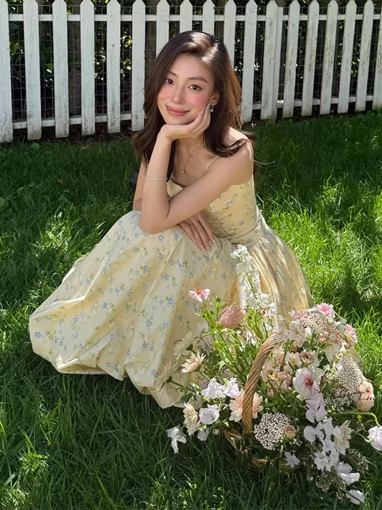 Floral Print Spaghetti Strap Maxi Dress Square Neck Corset Waist A-Line Elegant Dresses Casual 2026 Summer Vacation Chic Outfit