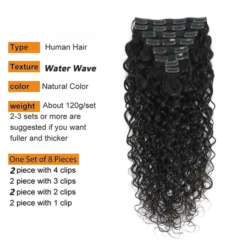 Water Wave Clip In prodlužování vlasů Lidské vlasy Brazilské lidské vlasy 8 kusů a 120 g/sada Natural Color 12-26 Inches Remy Hair