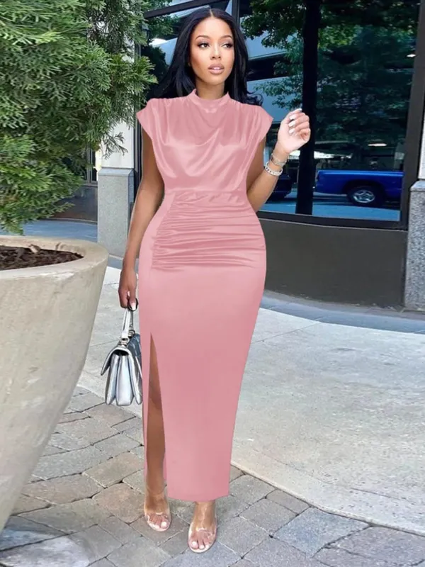 2026 Summer New Women's Color Ding Long Dress Solid Color Dress Split High Waist Temperament Bag Hip Commuter Dress