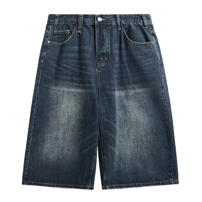 Men Vintage Washed Denim Shorts Loose Wide Leg Retro Nostalgic Tone Summer Streetwear Vintage Cropped Jeans