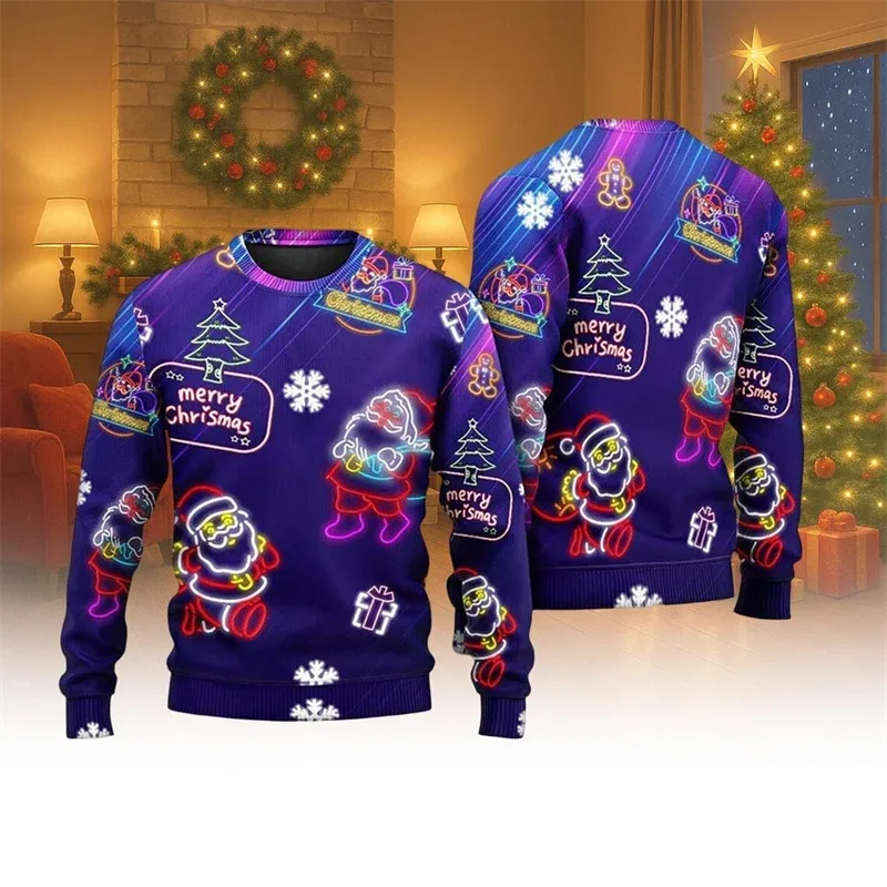 2025 Hot Christmas Ugly Sweater Men Women 3D Print Neon Pattern Santa Pullover Sweatshirt Unique Xmas Clothes Party Sweatshirt