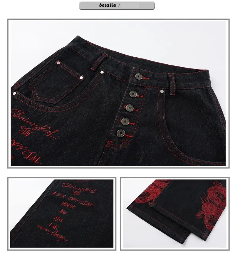 2026 New Side Red Dragon Embroidery Baggy Jeans For Men Y2K Streetwear Punk Fashion Denim Pantalones American Retro Hip Hop Jean