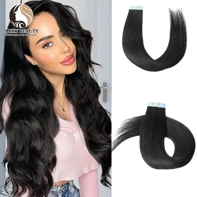 Fita balayage longa e reta em extensões de cabelo, cabelo humano real, sem costura, trama de pele, fita pu, cabelo natural, preto, marrom, loiro, 20 peças