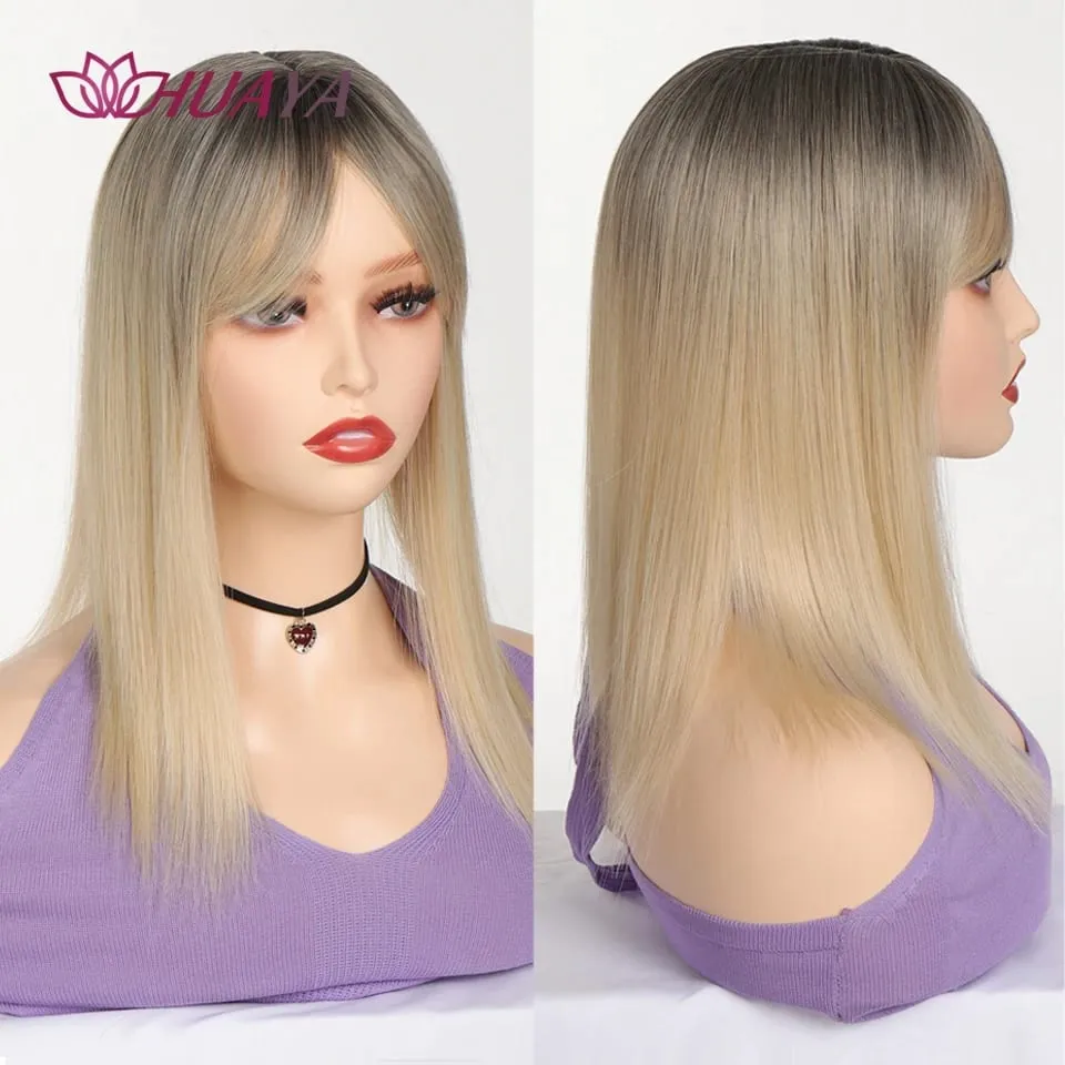 Synthetic Ombre Dark Root Golden Toppers Wig Hair Piece for Women Heat Resistant Cilps in Hair Extensions Invisible Clourse Clip