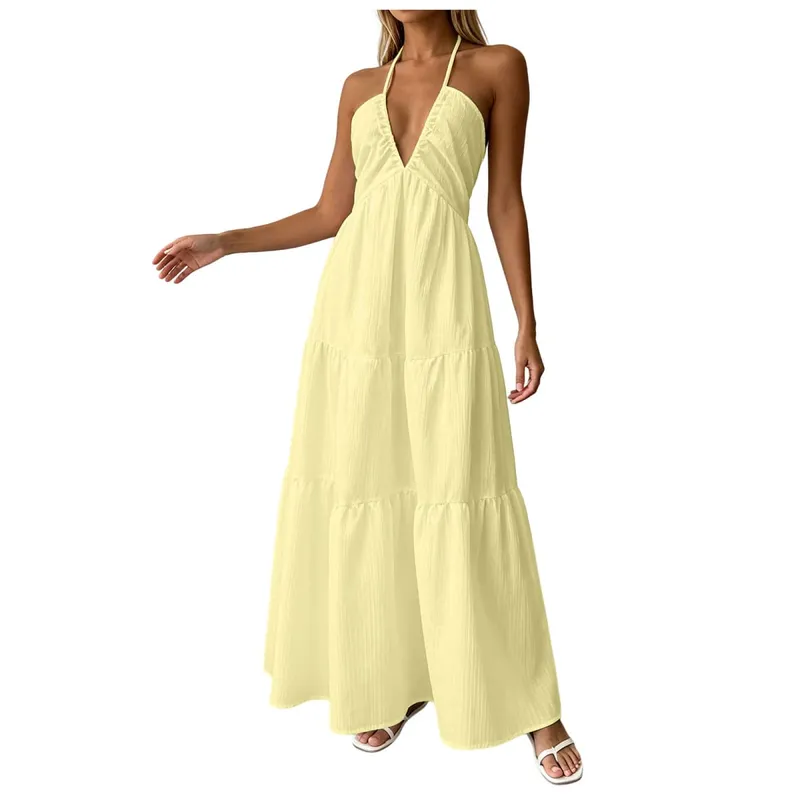 Summer Halter Neck Women's Dress Elegant Chic Wedding Party Beach Dress Backless Flowy Vacation Boho Sling Long Dresses Women