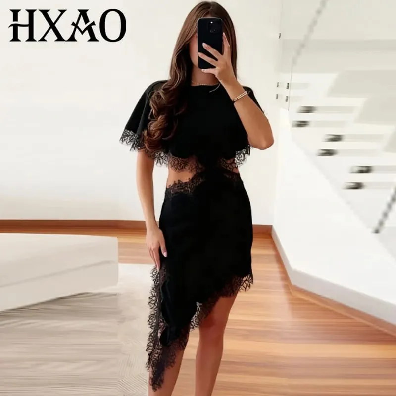 Cut Out Black Dress Woman Asymmetrical Lace Midi Dress Cape Sleeve Elegant Party Dresses Women Sexy Luxury Cocktail Dress