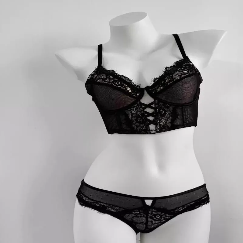 French Lace Push Up Lingerie Set Damen Thin Underwire Bra Sheer Mesh Ruched Chemise Soft Petite Small Bust Ladies S-XL