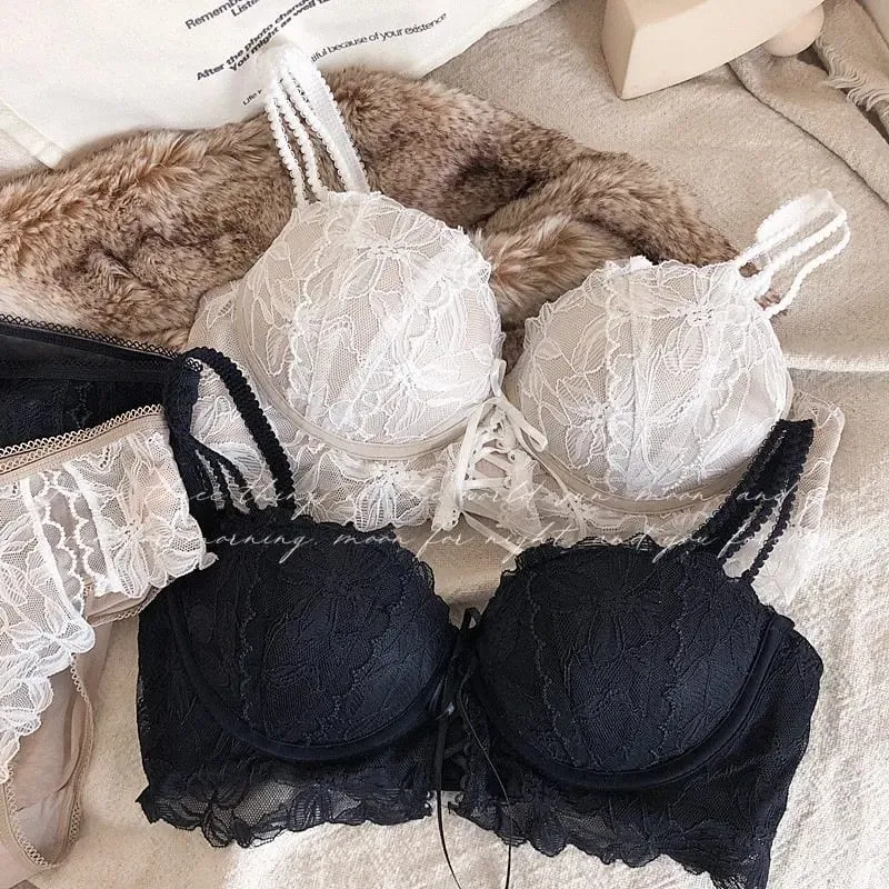Sexy 1/2 Cup Push Up Bra Set Women Lace Flowers Embroidery Underwear Wire Free Thickened Cup Romantic Detachable Strap Lingerie