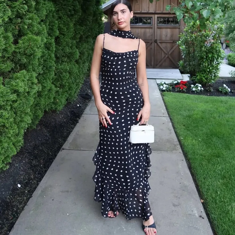 Tuularose Elegantes, gepunktetes langes Kleid für den Sommer, Schal, Band, Rüschen, Neckholder, Faltenkleid, luxuriös, ärmellos, Damen-Abendkleider