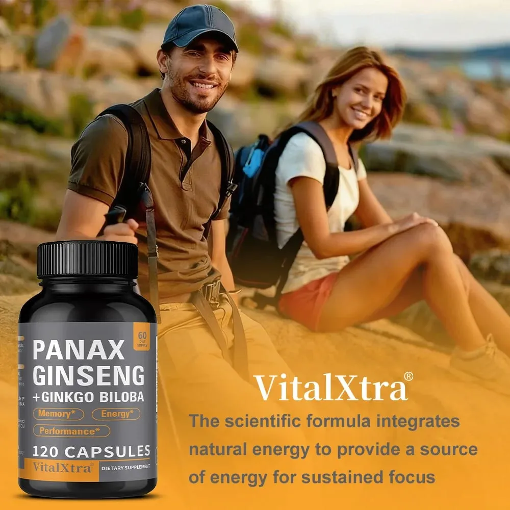 Panax Ginseng + Ginkgo Biloba 120 Vegan Capsules Supports Heart Health and Muscle Function Athletic Performance