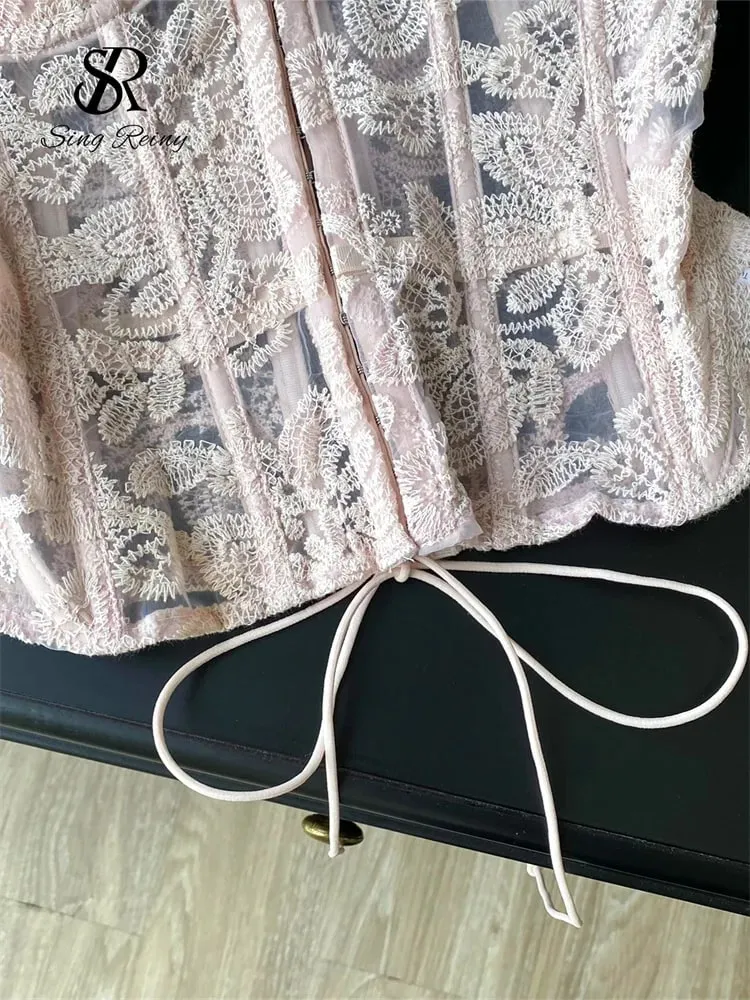 Floral Embroidery Sexy Club Top Female Strapless Slim Corset Backless Tank Top French Lace Up Basics Sheer Camisole