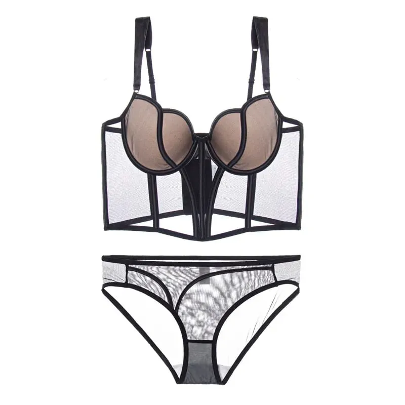 Sexy lingerie women's vest style small chest with steel ring thin bralette large size ladies long bra breifs set