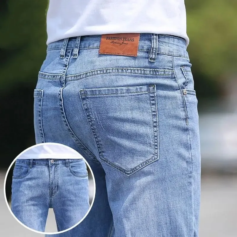 Korean Reviews Many Men's Clothes 2025 New Spring Summer Business Jeans Light Blue Straight Loose Fashion Casual Long Pants Men