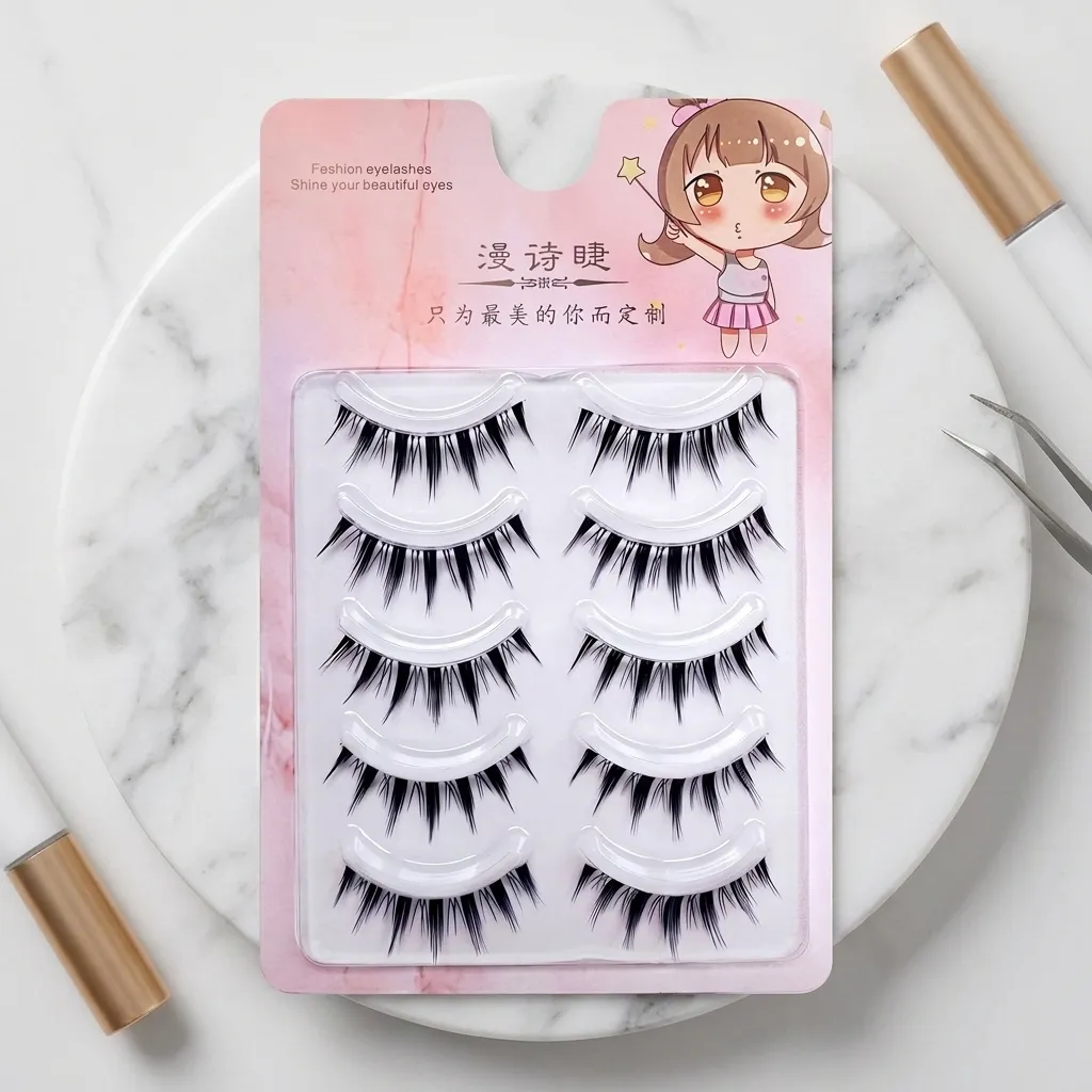 5pairs Korean Style False Eyelashes Natural Manga Lashes Cluster Perfect Daily Eye Makeup Curling Synthetic Fiber Lash Extension
