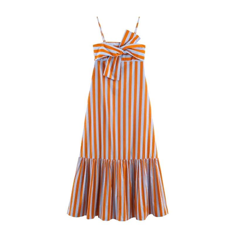Fashion Women Stripes Print Sling Dress Sleeveless Bow Front Loose Fit Backless Long Dresses Chic Lady Holiday Robe