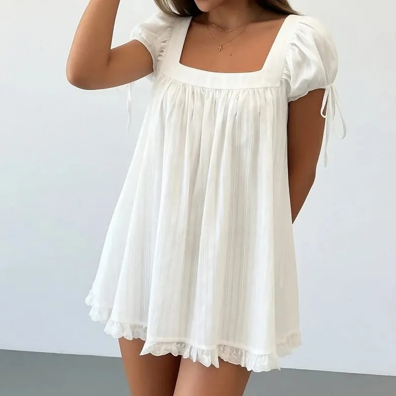 Bohemian Puff Sleeve Maternity Dress Women Square Neck A-line Mini Ruffled Dresses Fairy Vintage Loose Fit Flowy Short Dress — image 2