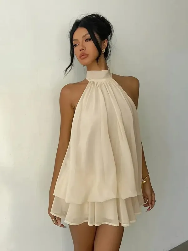 Women's Halter Neck Dress Sweet Backless Tie-Front Chiffon Sheer Mini Skirt Fashion Sexy Y2K Vintage Cute Party Birthday Dress