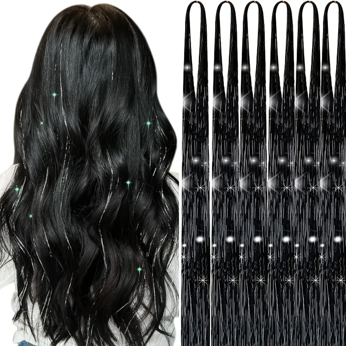 6pcs 22inch Colorful Glitter Tinsel Hair Extensions Fairy Hair Extension Hair Extension Tinsel Glitter Hair Synthetic Extensions