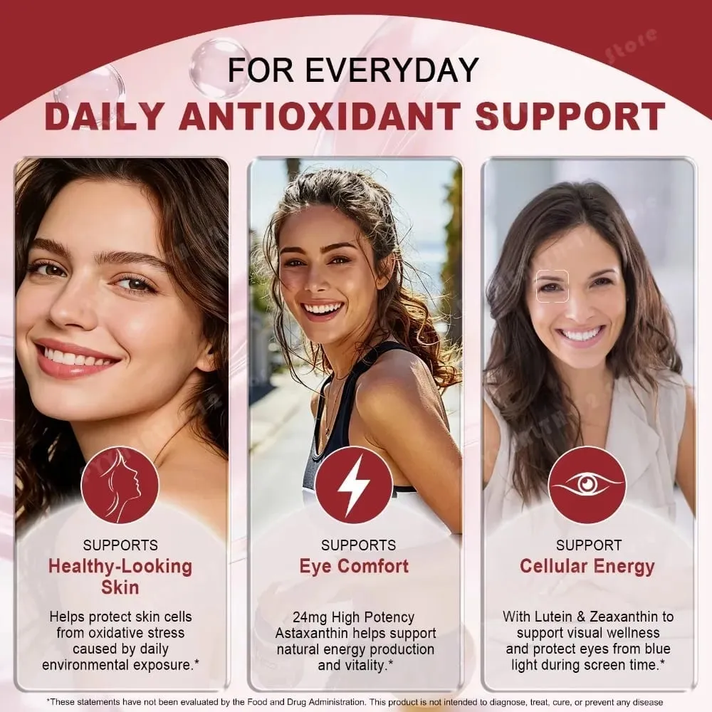 Astaxantina Softgels 24mg Tripla Força Poderoso Antioxidante Suporte à Saúde dos Olhos Microalgas Sem Soja Sem Glúten 120 Contagens