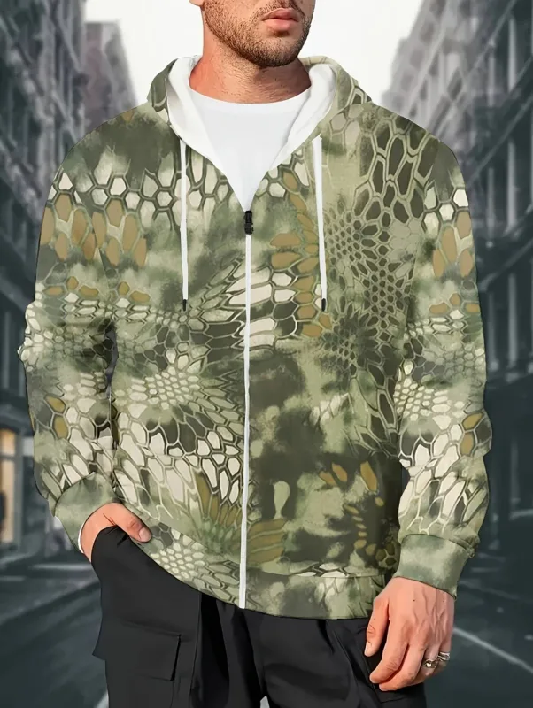 Men's Camouflage Graphic Zipper Hoodie Long Sleeve Casual Outdoor Jacket Drawstring Loose Comfortable Men's Sweatshirts Clothing