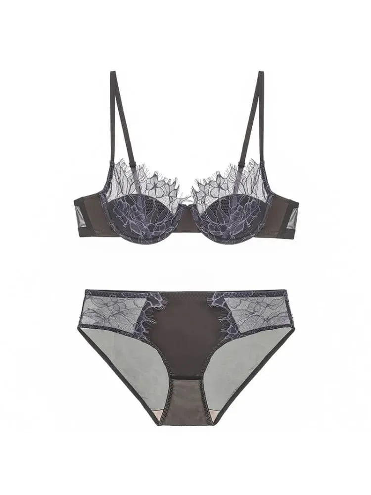 French Eyelash Lace Sexy Hollow Underwear Women's Soft Steel Rim Thin Gather Up Support Women's Bra Bra Set s-xl