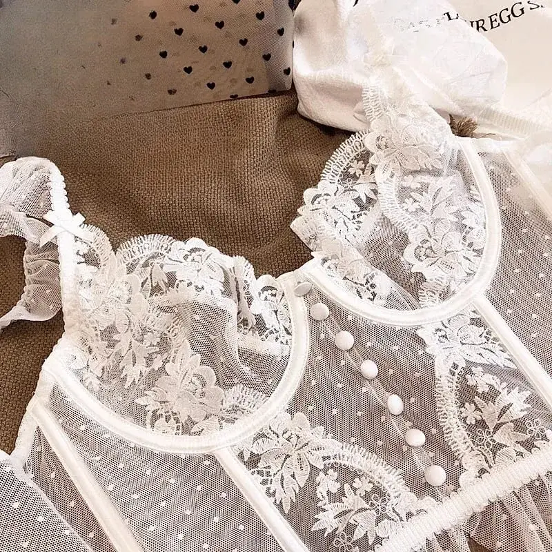 Women's French Lace Lingerie Set Sexy Ultra Thin See Through Bra & Thong Shaping Camisole Embroidery Underwear Set Hot Tushy P P