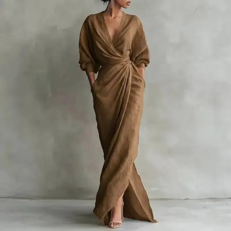 Women's Sexy V Neck Wrap Waist Dresses 2026 Spring Casual Solid Slim Bodycon Hips Elegant Long Sleeve Slit Maxi Dress