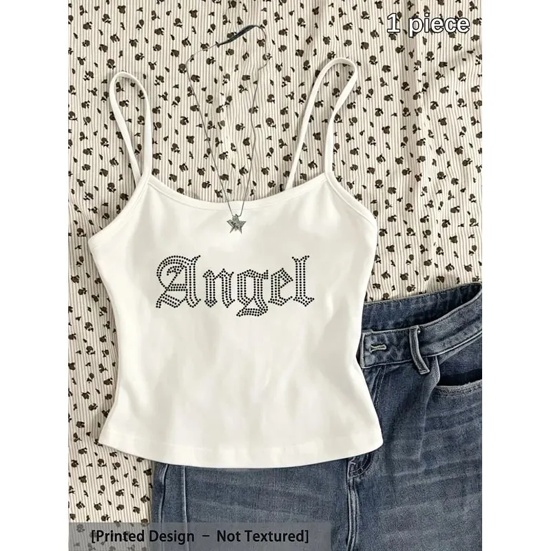 Y2K Angel Faux Rhinestone Gothic Font Graphic Cami Top Women Sleeveless Slim‑Fit Black Crop Spaghetti Strap Tank Vest