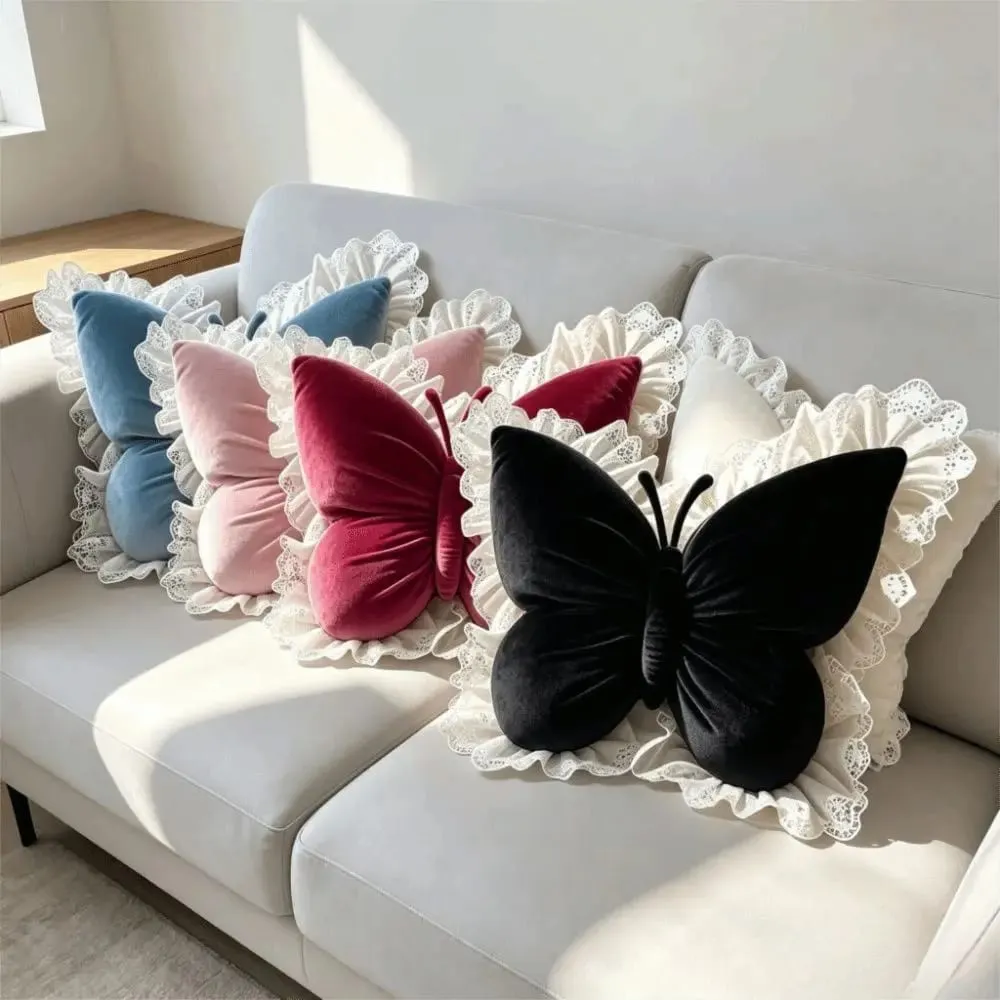 Home Decor Velvet Butterfly Pillow Lace Trim Bow Cushion Soft New Bow Throw Pillow Bedroom