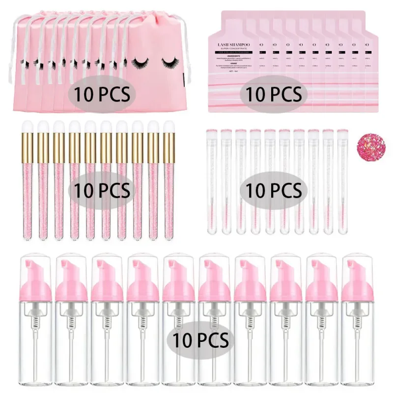 60ml Refillable Leakproof Empty Foam Pump Bottles Eyelash Extension Shampoo Kit Lash Comb Tube Cleaning Brush EVA Storage Bags