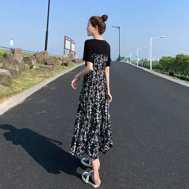 Women Dress 2026 Summer New Hepburn Style Midi Floral Dress High Waist Slim Fit Short Sleeve Long Dress