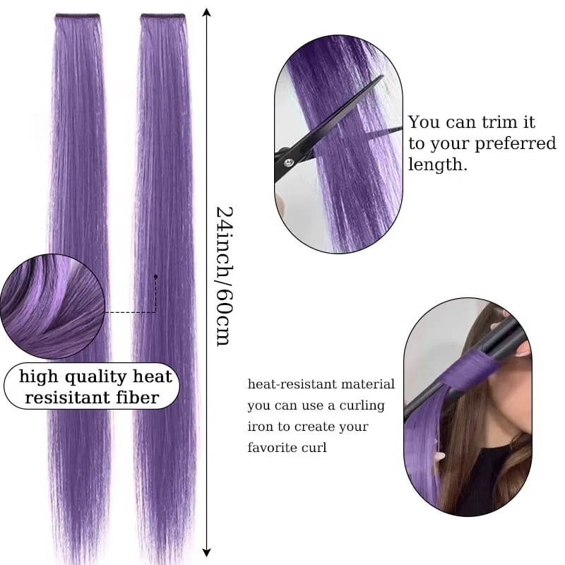 2PCS/SET Colored Party Highlights Clip in Hair Extensions 24inch Long Straight Hair Clips Hairpiece for Halloween Christmas Wear
